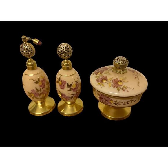 Vintage Satin Glass Vanity Set with Hand Painted Floral Design and Gold Trim - Picture 3 of 8